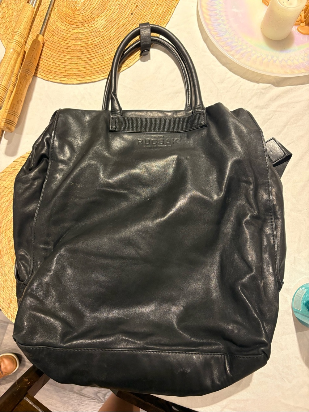 RUDSAK Men's Black Leather Backpack Tote